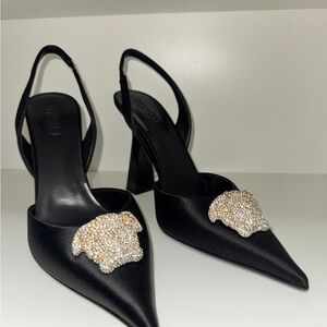 Versace Black Slingback Heels with Gold Embellishment
NEW NEVER WORN